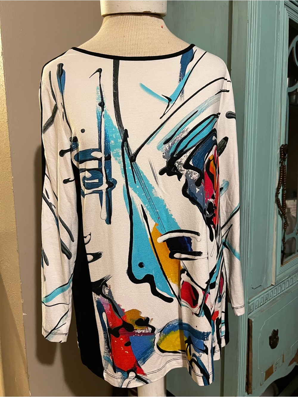 Simply Art By Dolcezza Multicolor Abstract Face Pattern 3/4 Sleeve Shirt Large L